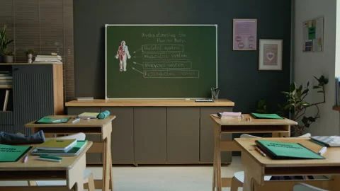 School Classroom with Human Body Diagram and Chalk Notes on Blackboard Stock Footage 333728258