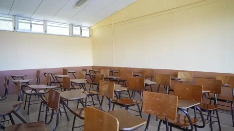 School classroom interior with desks and chairs ready for students Stock Footage 336467650