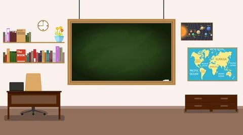 School classroom interior with empty green blackboard teacher desk bookshelves Stock Illustration