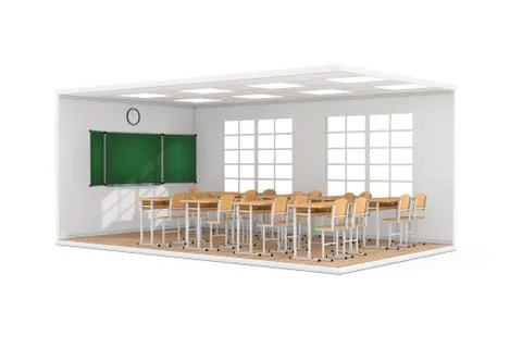 School Classroom Interior with Large Window, School Desks, Chairs, Blackboard Stock Illustration