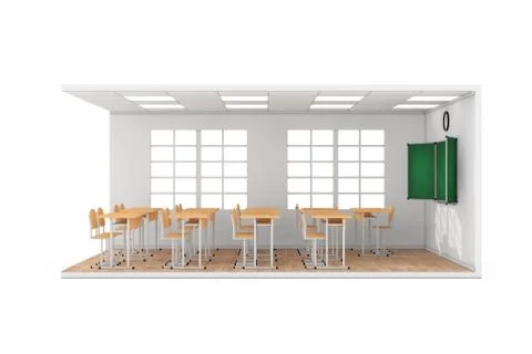 School Classroom Interior with Large Window, School Desks, Chairs, Blackboard Stock Illustration