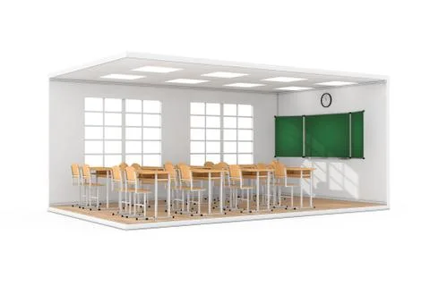 School Classroom Interior with Large Window, School Desks, Chairs, Blackboard Ilustración de archivo