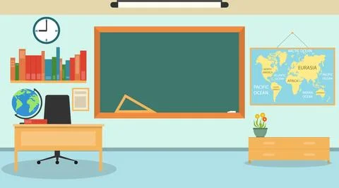 School classroom interior, school classroom with blackboard, books, globe 스톡 일러스트