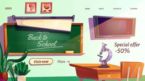 School classroom interior on web page template. Illustrazione stock