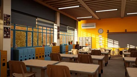 School classroom with rows of empty wooden desks waiting for students Stock Photos