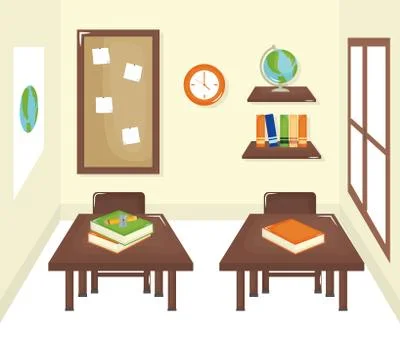 School classroom with schooldesks scene Stock Illustration