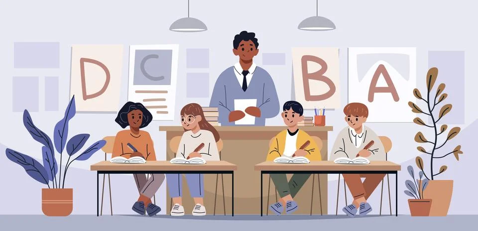 School classroom teacher students learning education diverse children writing at Ilustración de archivo