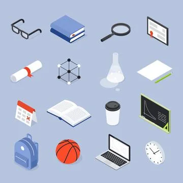 School College Objects Set Isometric Illustration Stock Illustration