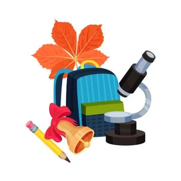 School composition from a backpack, a microscope and stationery. Vector イラスト素材