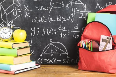 School composition with books backpack table Stock Photos