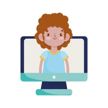 School, computer and boy video class, isolated icon white background Stock Illustration