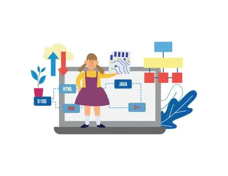 School computer classes and programming lessons vector illustration isolated. Stock Illustration