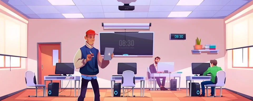 School computer education class room with teacher Stock Illustration
