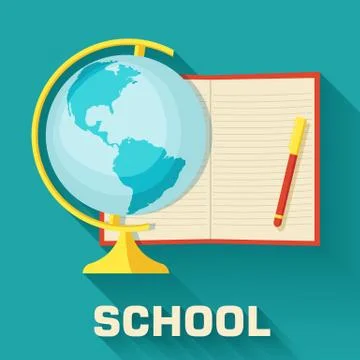 School concept globe with notepad icon set background. Vector il Stock Illustration