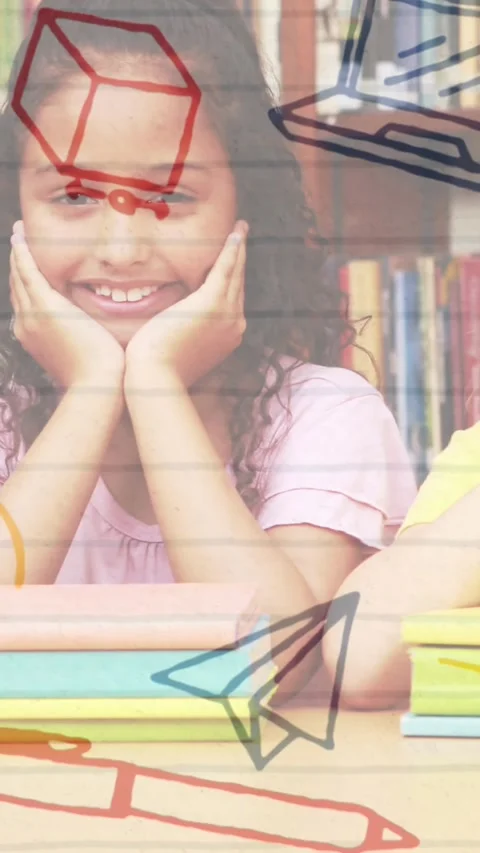 School concept icons against group of students with hands on their cheeks Stock Footage 343498051
