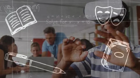 School concept icons and mathematical equations against african american boy Stock Footage 330399588