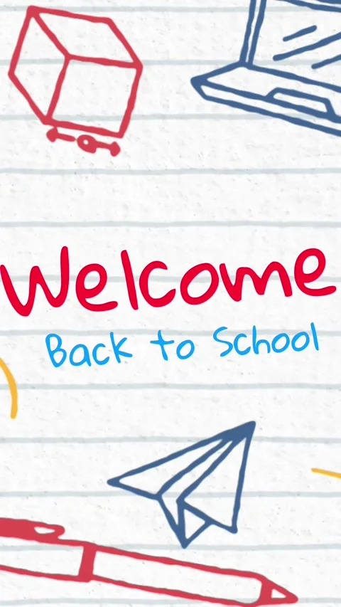 School concept icons and welcome back to school text against white lined paper Stock Footage 342642663