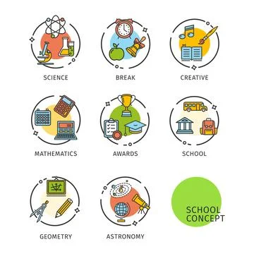 School Concept Thin Line Icons Labels Set. Vector Stock Illustration
