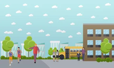 School concept vector banner. College yard, building and bus Ilustración de archivo