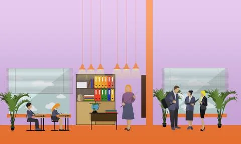 School concept vector banner. Interior, pupils studying in classroom, teachers Stock Illustration
