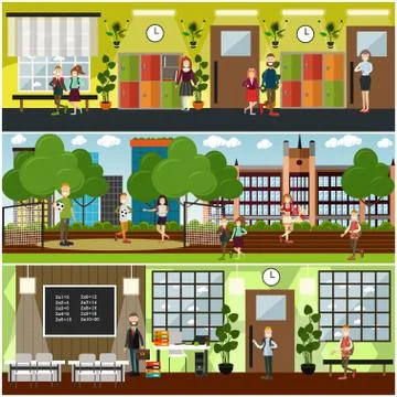 School concept vector flat poster set 스톡 일러스트