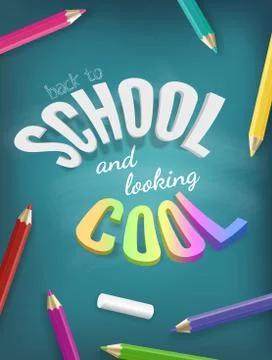 School is cool vector colorful concept. Bright Realistic 3D text on blue Stock Illustration
