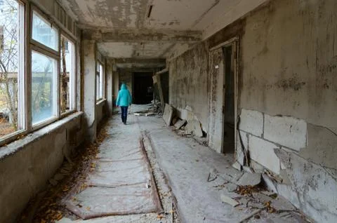 School corridor, dead abandoned ghost town Pripyat in Chernobyl exclusion zone Stock Photos