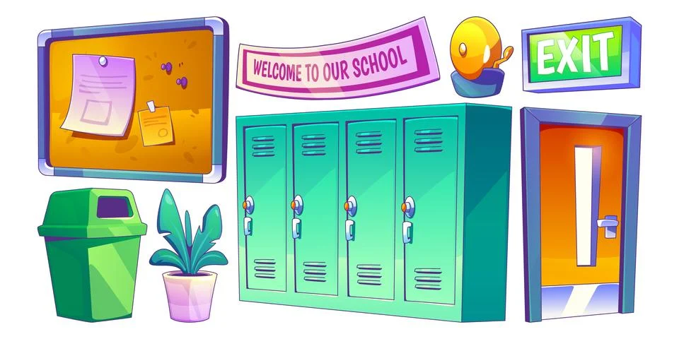 School corridor elements in cartoon style. Stock Illustration