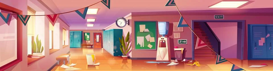 School corridor messy scene Stock Illustration