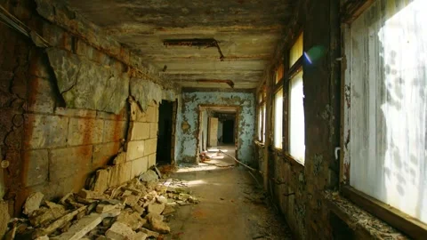 School Corridor in Pripyat, Chernobyl Exclusion Zone, Ukraine Stock Footage 316977654