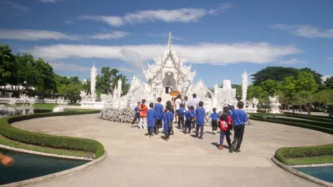 School Cultural Education Excursion at Wat Rong Khun, White Temple Stock Footage 317838973