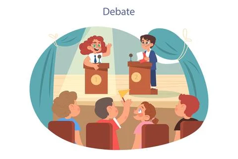School debates. Rhetoric class. Students training public speaking and debate Stock Illustration