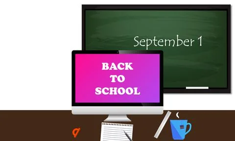 School desk with computer on September 1 Stock Illustration