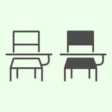 School desk line and solid icon. Classroom student table and chair outline style Stock Illustration