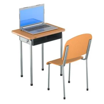 School desk with opened laptop. 3D rendering Stock Illustration