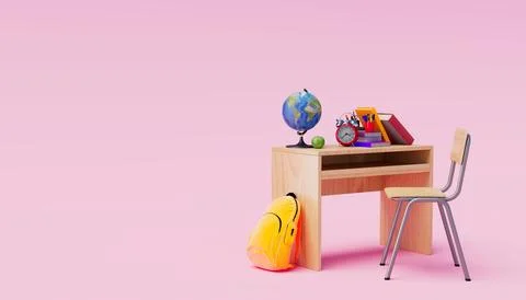 School desk with school accessory and  backpack on a colored background. 3D R Illustrazione stock