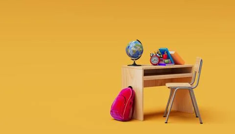School desk with school accessory and  backpack on a colored background. 3D R Illustrazione stock