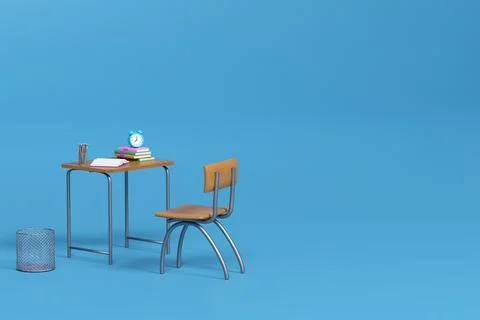 School desk with school accessory on the table on blue background 3D Renderin Illustrazione stock