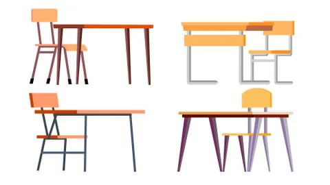 School Desk Set Vector. Chipboard, Chir. Classic Empty Wooden And Metal Stockillustratie