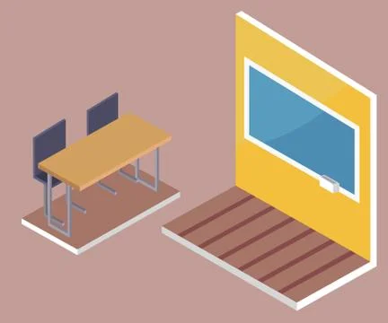 School Desk Side View and Blackboard 3D Vector Stock Illustration