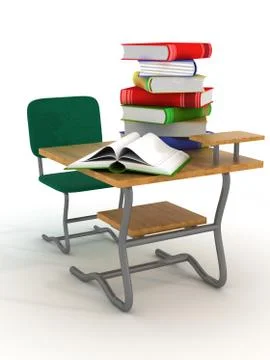 School desk with textbooks. 3D image. Stock Illustration