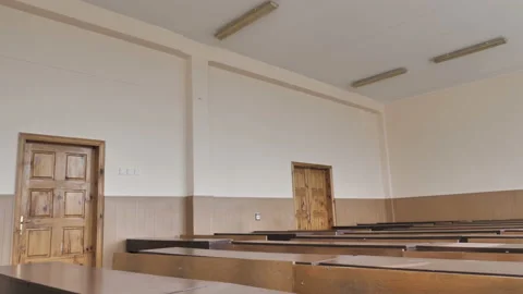 School Desks In Empty Classroom. Stock Footage 141596193