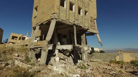 A school destroyed by the war and violent fighting in Yemen, Taiz Stock Footage 197048502