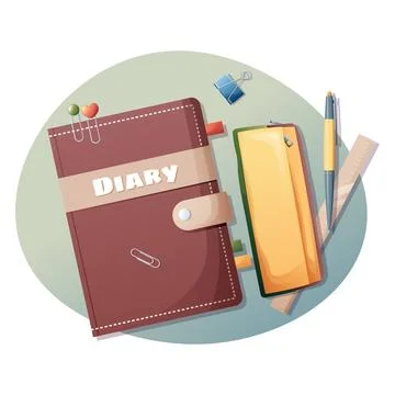 School diary, diary with a pencil case and stationery Pen, pencil, scissors,  Stock Illustration