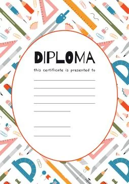 School diploma certificate for students with drafting tools pattern, cartoon  Illustrazione stock