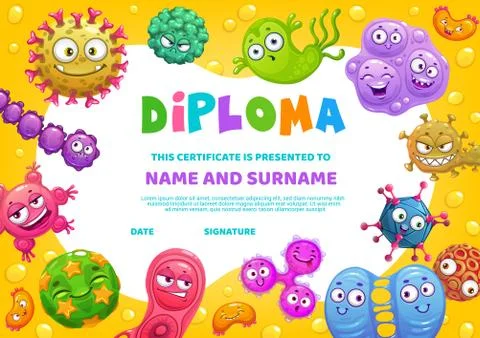 School diploma vector certificate with funny germs Stock Illustration