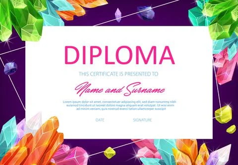 School diploma vector template with crystal gems Stock Illustration