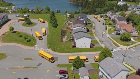 School Dismissal With Lined Yellow Buses In Front Of School On A Sunny Day Stock Footage 314464582
