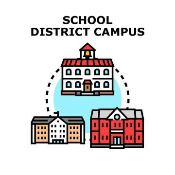 School district campus buildings connecting education system Ilustración de archivo