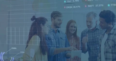 In school, diverse group discussing data on tablet with animation graphs overlay Stock Footage 327526146